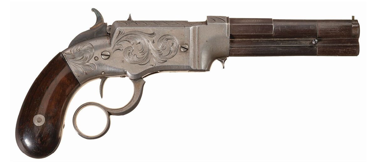 Пистолет «The Volcanic» №2 с заводской гравировкой «Смит и Вессон». Калибр .31 Volcanic, длина ствола 4". Ёмкость магазина: 6 безгильзовых патронов