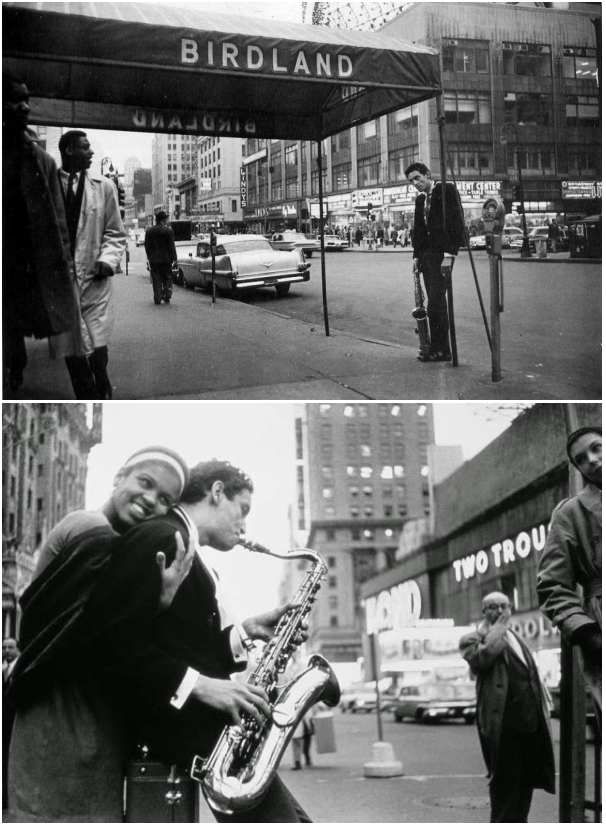 На первом снимке можно разглядеть и настоящих джазовых музыкантов - судя по всему в легендарный Birdland заходят Уинтон Келли и Пол Чемберс