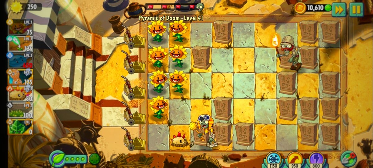 Сажаем два ряда Первобытных Подсолнухов и используем Первобытные Мины, чтобы защититься от начальных зомби