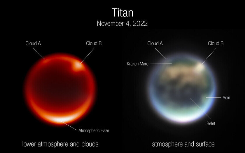    Изображения предоставил «Джеймс Уэбб». На них можно увидеть части атмосферы, облака и поверхность Титана. Фото: NASA, ESA, CSA, Webb Titan GTO Team, Alyssa Pagan (STScI)