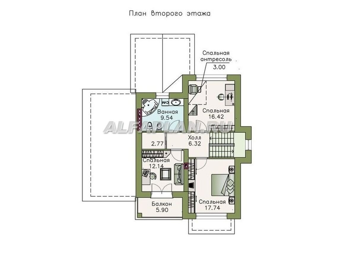 2 мансардный этаж  — приватная зона. Здесь расположены 3 компактные спальни (одна из них с возможностью организовать спальную антресоль), небольшой холл и ванная комната. Из спальни 12,14 м2 есть выход на застекленный балкон – изюминку этого дома.