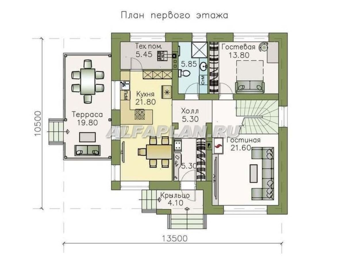 НА СЛАЙД ШОУ 2 ФОТО: ПЛАНИРОВКА ДОМА по проекту 374а. 
 © Владимир Тарасов 2020г. 

На 1 этаже – просторная кухня - столовая с выходом на закрытую террасу, которая при необходимости может быть остеклена. Это позволит наслаждаться единением с природой, завтракать и ужинать на ней в компании друзей не только летом, но и в межсезонье. 
Их кухни организован вход в тех.помещение (котельную). Если на участке есть газ, котел можно разместить на кухне, а котельную использовать как кладовую. 

Гостиная уютная, украшением ее интерьера будет камин и лестница на второй этаж. Из гостиной предусмотрен вход в гостевую комнату (или спальню пожилых жителей дома). Рядом расположен санузел с душевой.

