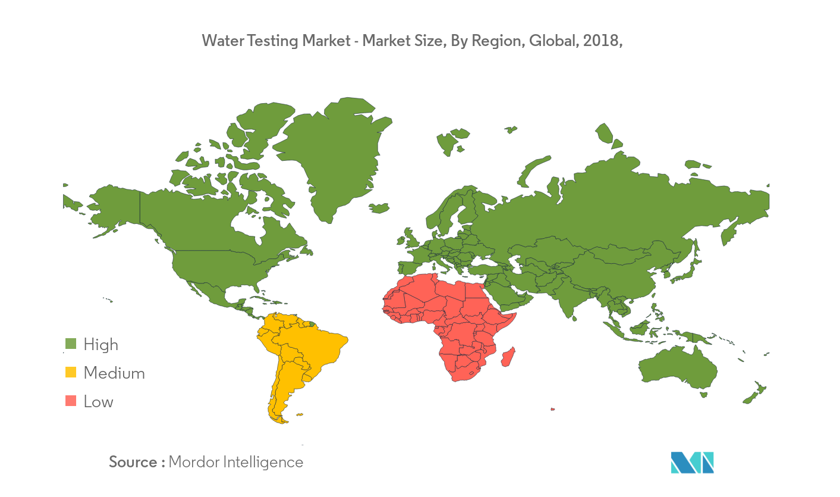 Рис. Региональная структура глобального рынка диагностических тестов на микробиологическую чистоту воды (зеленый цвет – высокие темпы роста, красный цвет – низкие темпы роста) . Источник: www.mordorintelligence.com