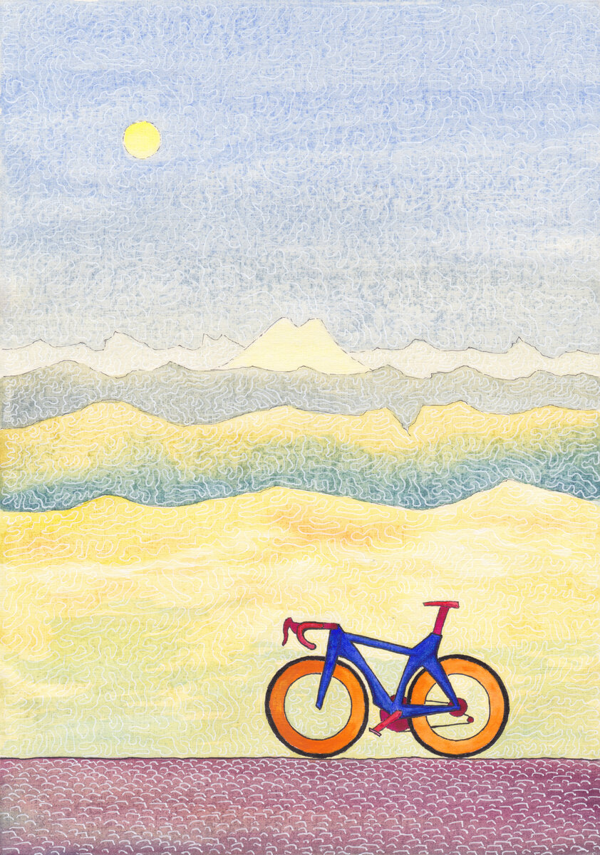 Это велосипед, на котором теперь летает Маленький Принц. Он карбоновый, я сделал его из акварели и белой ручки. А вон на заднем плане Эльбрус.