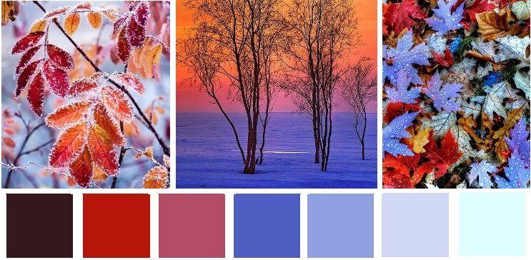 Коричневые, красные, оранжевые и синие оттенки зимних фотографий.