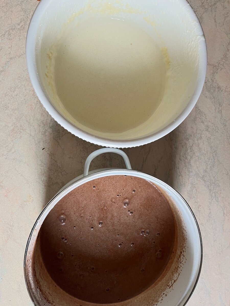 Тесто с какао я потом разбавила 1/4 стаканом воды, так как какао сделало его более густым.