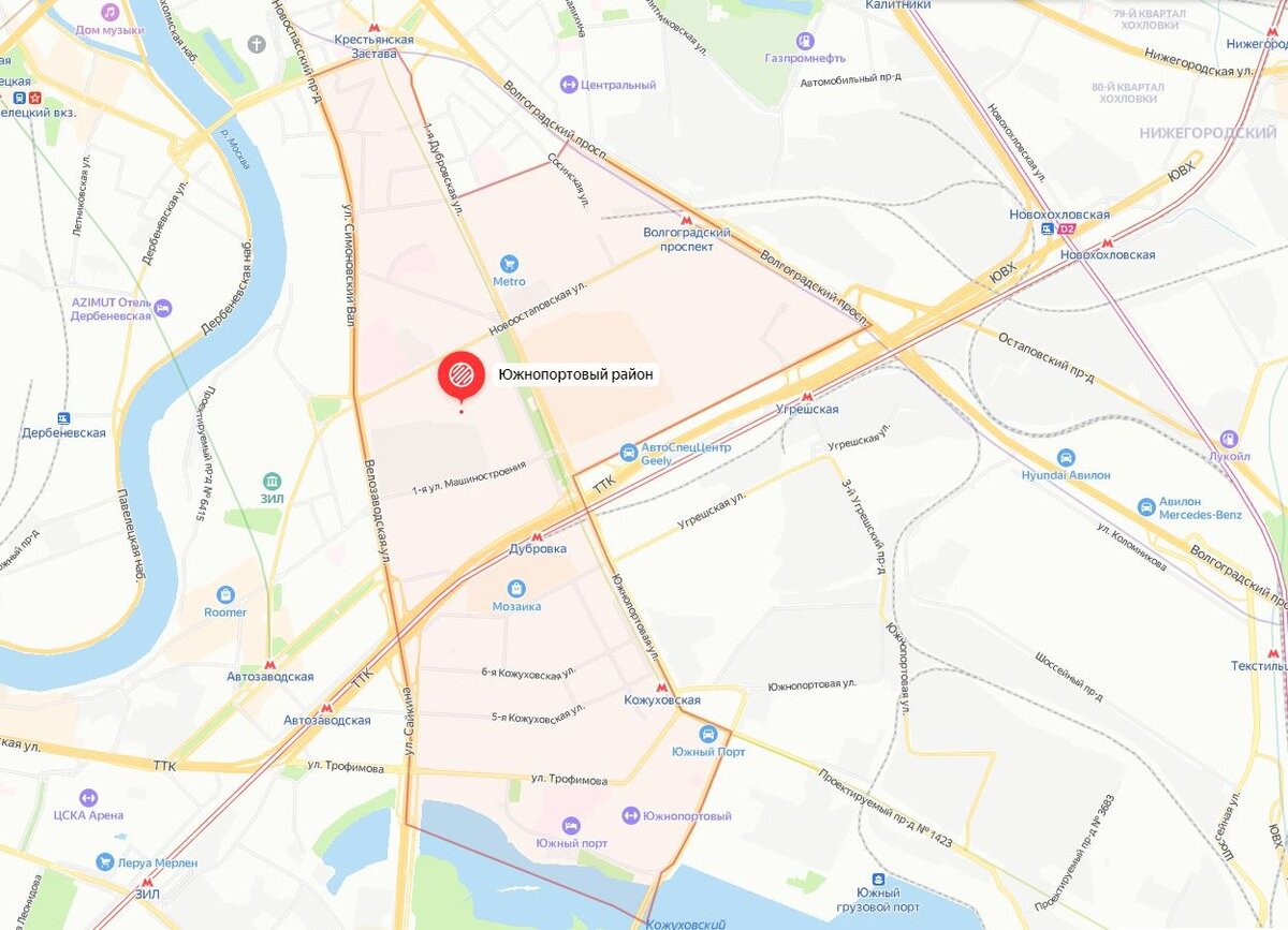 Южнопортовый район на карте Москвы
