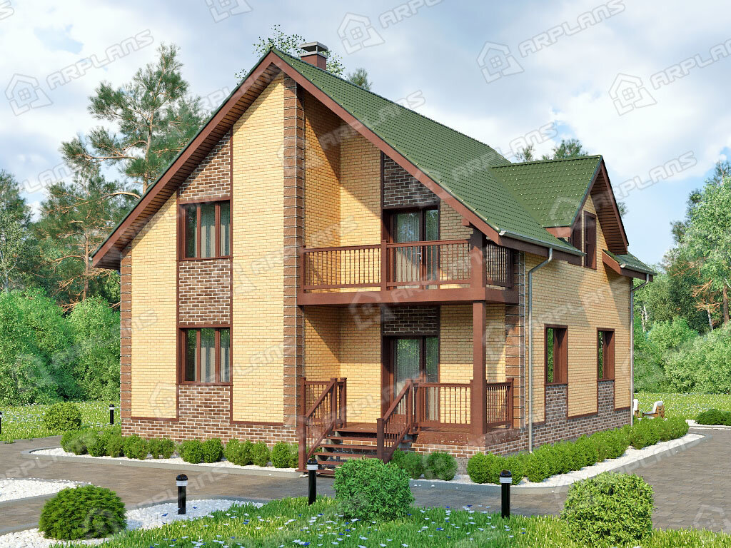 Фото 2 двухэтажного дома из газобетона с мансардой, 3 спальнями, гостевой, балконом и террасой. Общая площадь 170 кв м. Источник arplans.ru Проект К-014