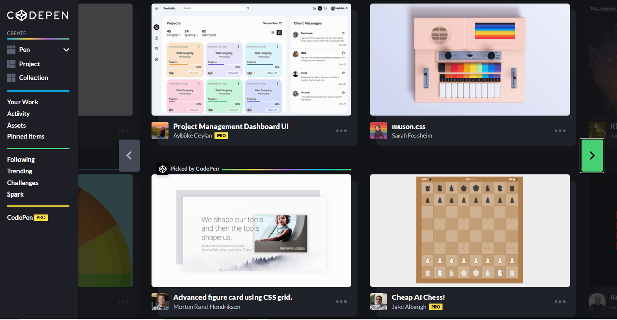 Раздел «Тренды» на сайте CodePen