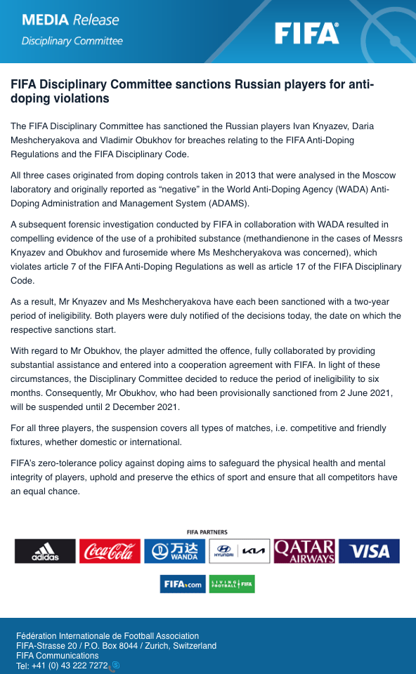 Пресс-релиз ФИФА, в котором говорится о наказании российских футболистов, в том числе Обухова.