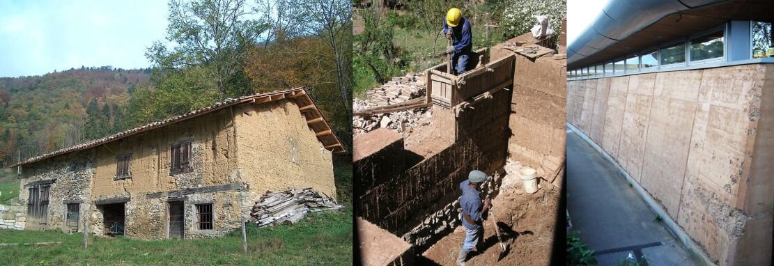 Примеры землебитных строений из Википедии. Слева - во Франции, справа - в Англии, посередине запечатлено строительство землебитных стен в горах Перу (Южная Америка)