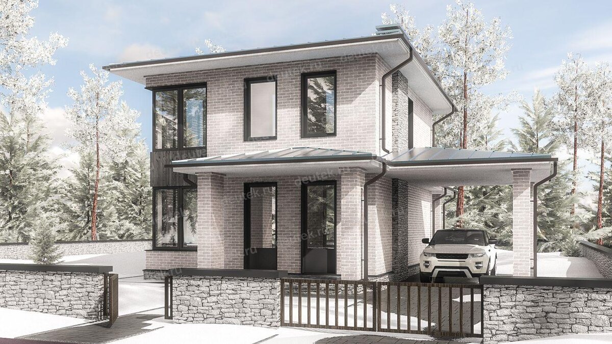 Проект двухэтажного дома 109 м2 из газобетонных блоков с навесом и террасой - DTV100274