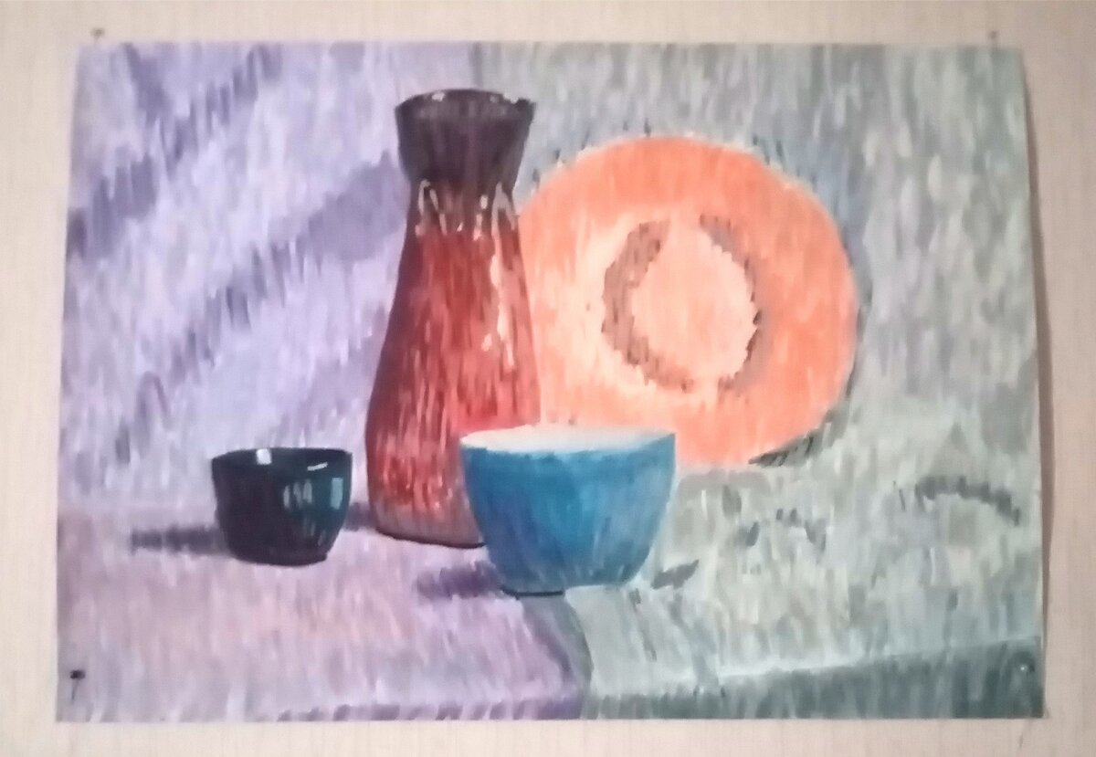 Пример натюрморта, написаного гуашью. Всё сделано мазками не случайно - это пуанте. Личная работа