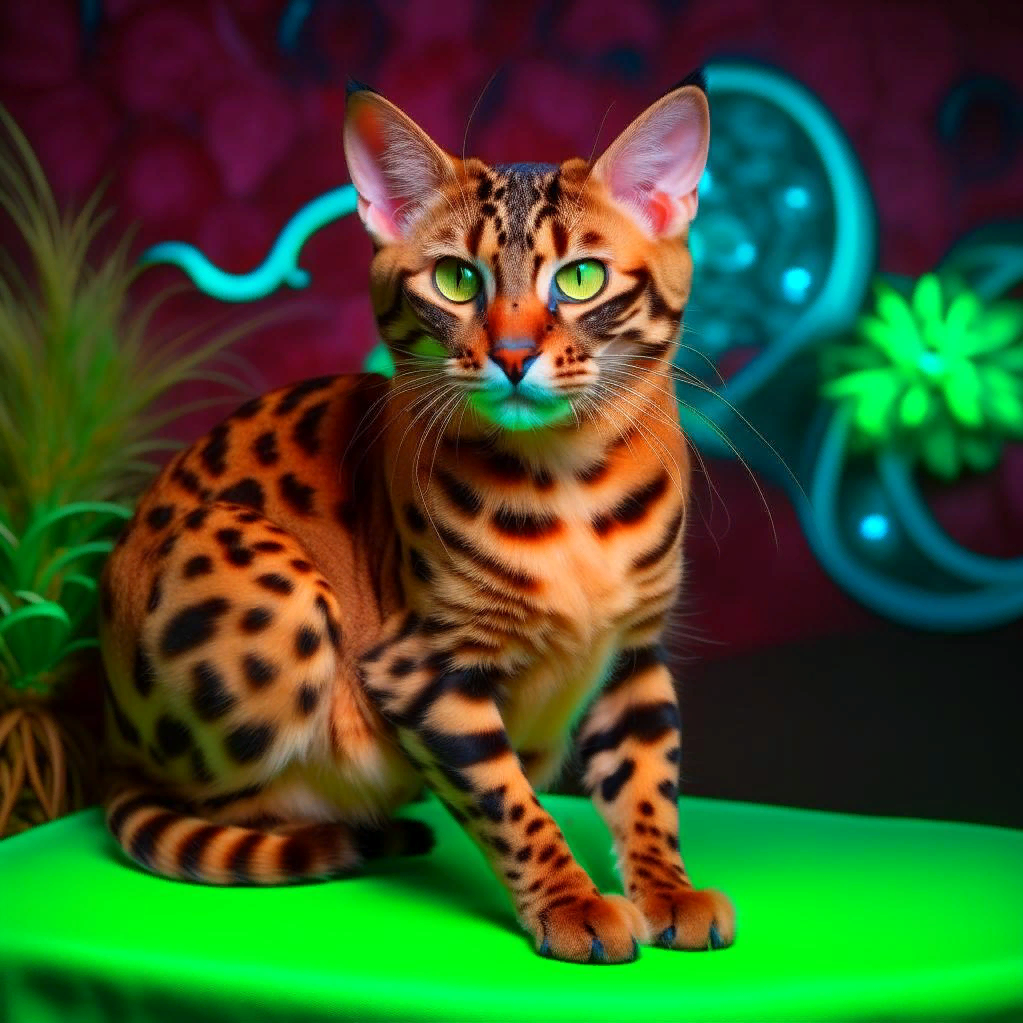 Картинка от нейросети, уж как может, но уже лучше, чем раньше... Нейросеть считает это бенгалом, но по типу это скорее оцикет