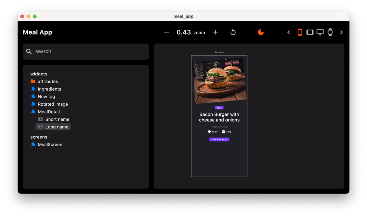 Скриншот Widgetbook из демонстрационного приложения