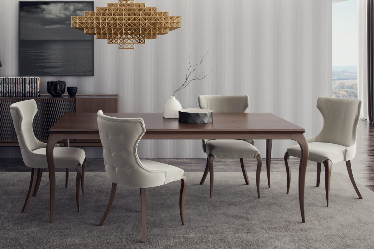 Коллекция FIUMICINO имеет широкий ряд элементов для оформления интерьера. В данном случае - столовая дополнена стульями и буфетом из одноименной коллекции