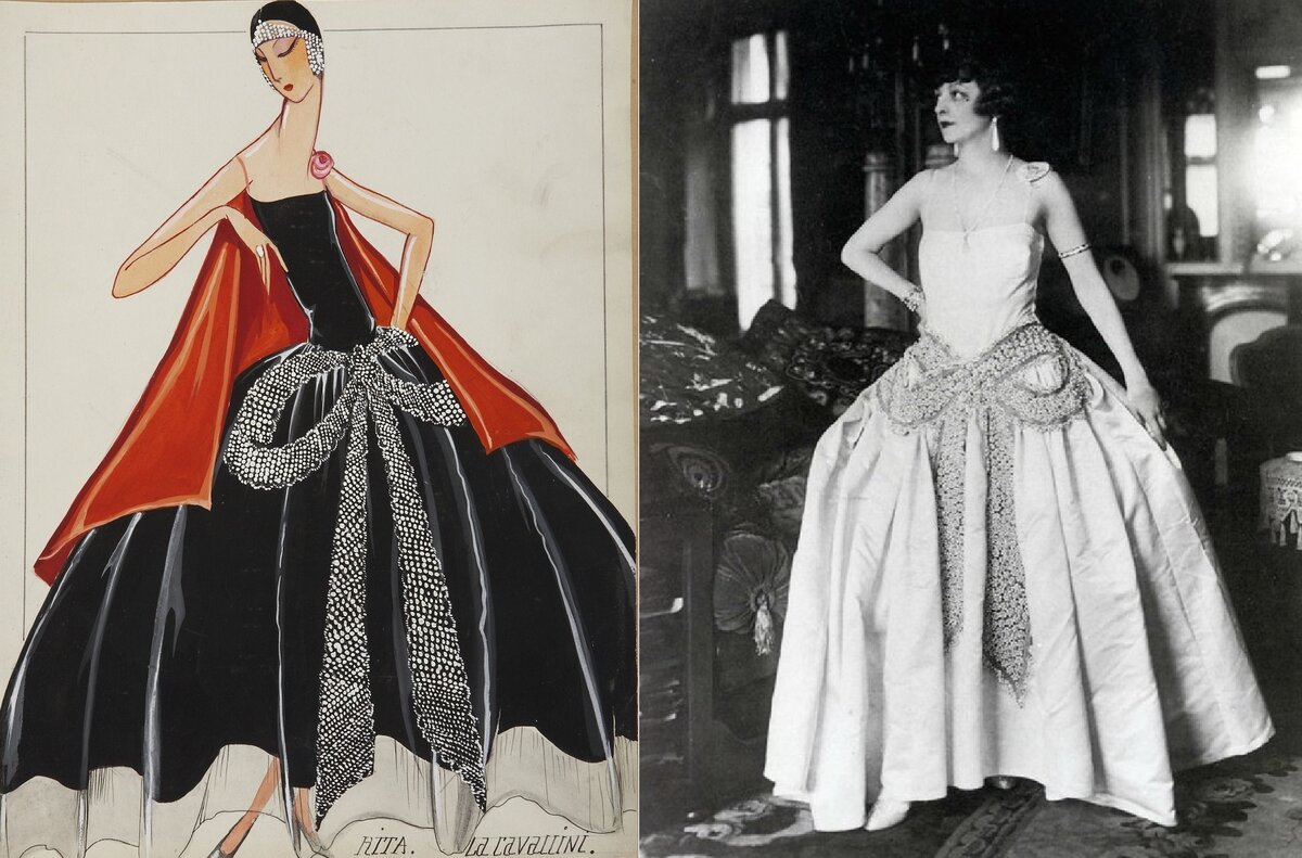 1. Robe de style "La Cavallini," by Lanvin, 1925. Gouache illustration of "La Cavallini" © Patrimoine Lanvin 2. Actress Jane Renouardt in a robe de style featuring a pearl and crystal bow, 1925, from the book "Lanvin," by Dean Merceron (Rizzoli, 2007) © Patrimoine Lanvin