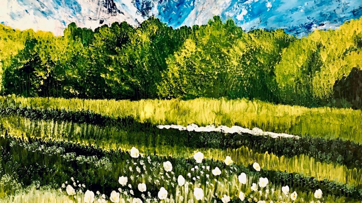 Рисовала я, гуашь, формат А3, кисти щетина плоская большая, средняя. Часто использую зеленый цвет при интуитивном рисовании в технике ППР