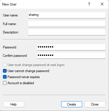User name заполняем как никнейм для входа в Windows, ничего сложного. Для понятливости обзовем его что-то вроде "sharing". Отмечаем галочки, чтобы не пришлось трогать пароль более, в том числе и самому пользователю sharing. Пароль нужен! Мы не будем ему давать прав администратора, он лишь в качестве швейцара. Работа с пользователем закончена