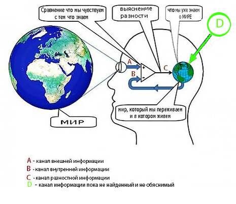 Но схема для обычных людей  не объясняет многих необъяснимых явлений  и случаев в истории Человечества. Возможно есть еще канал D,  пока не найденный и необъяснимый, его можно дополнить в существующую схему, он транслирует информацию непосретсвенно прямо в мозг из прошлого, настоящего и будующего Человечества, согласно запросам выбранных каналом D.    Однако только некоторые выбранные каналом D получают туда доступ, ими были Тесла , Менделеев, Ванга, Мессинг, некоторые экстрасенсы.        Рис.1 из статьи https://medium.com/@richardepworth/what-do-we-really-know-about-our-human-interface-2fa808c130a0 