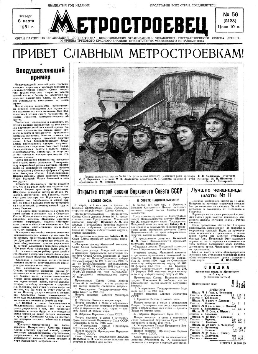 Метростроевец №56 от 8 марта 1951 года.