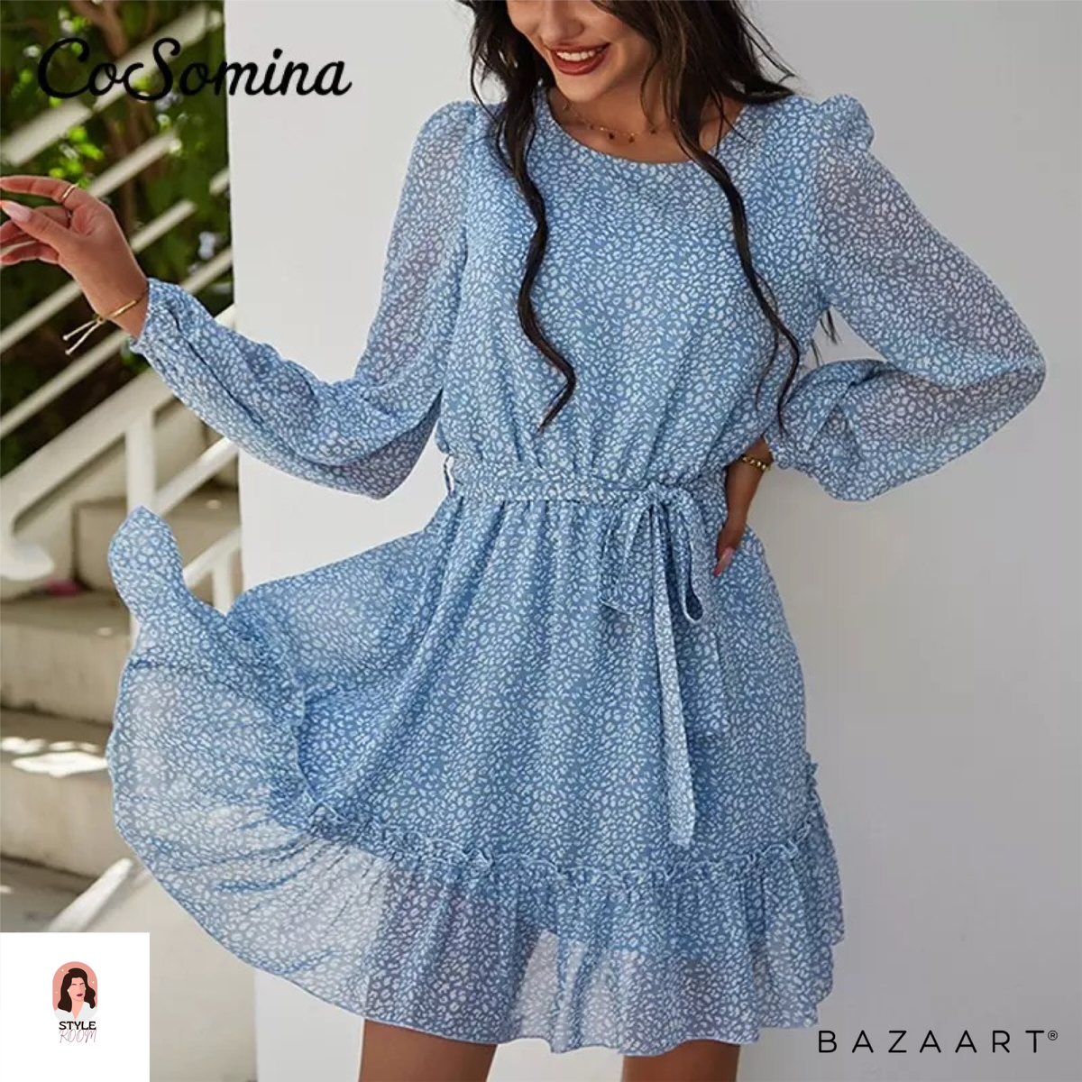 Голубое платье в цветочный принт.