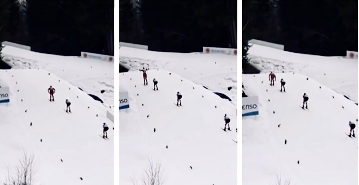 Перед началом крутого спуска Большунова должны были накатить, но идущий первым Александр расталкивается, в то время как норвежцы сидят