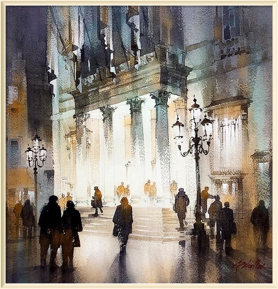 © Томас Шаллер  / Thomas W. Schaller / * 1967 / Intermission - La Fenice / Антракт - Ла Фениче /  Watercolor / 15x15 Inches - 03 August 2019.