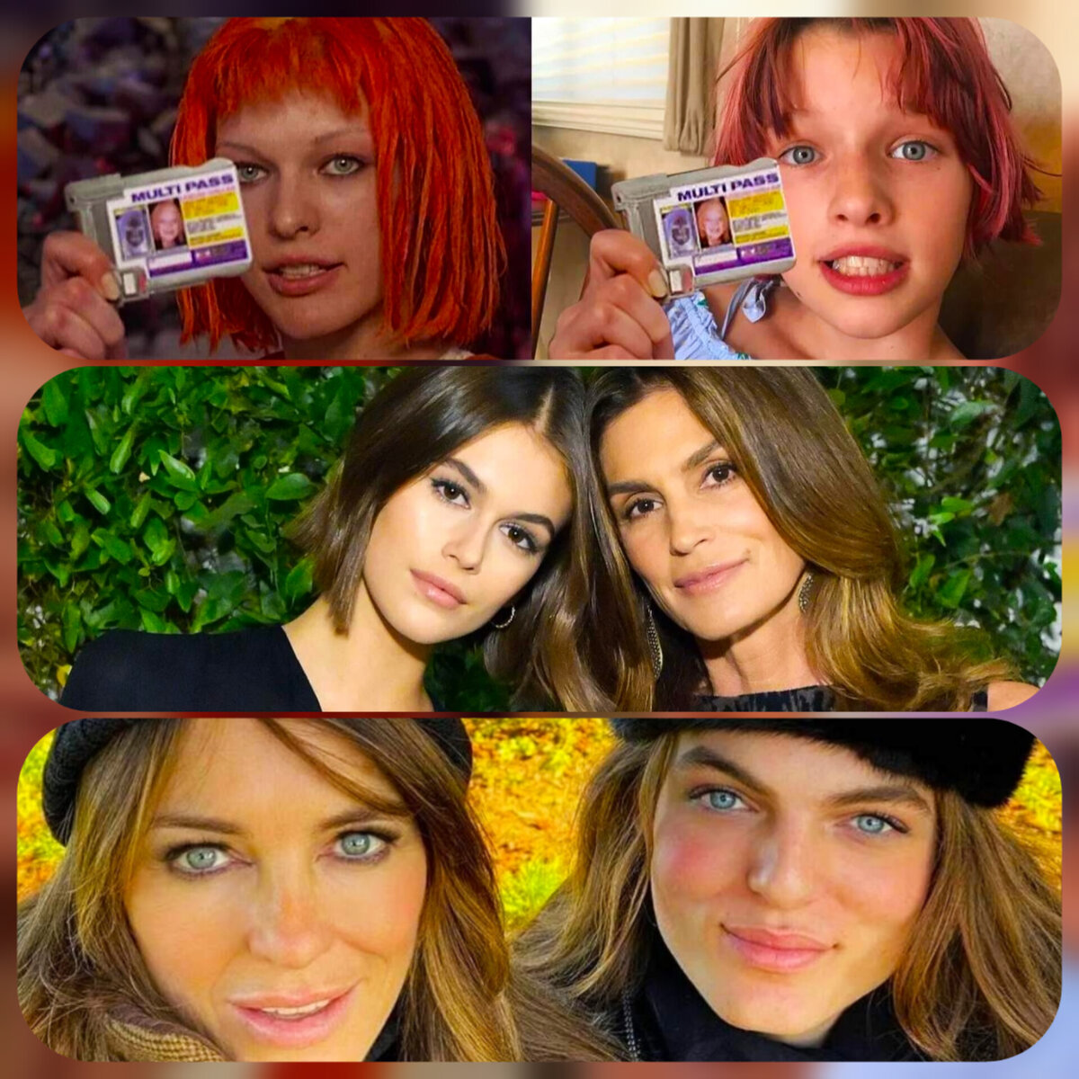 1. Мила Йовович и её дочь Эвер Андерсон. 2. Синди Кроуфорд и её дочь Кайя Гербер. 3. Лиз Хёрли и её сын Дэмиан. Иллюстрации с ресурса Яндекс-картинки 