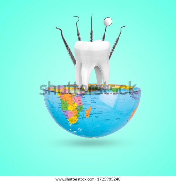 Автор: World Day. World Oral Health Day, Tools for examining teeth. Dentistry concept, dental day, world dental day, dental, dentist, tooth on half earth with teeth examining Tools