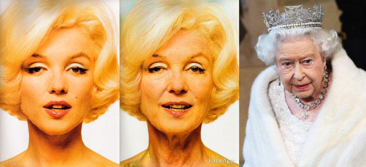 Фото из Интернета. Мэрлин Монро, состаренная с помощью приложения FaceApp. Справа королева Великобритании - Елизавета II. Монро родилась в тот же год, что и Елизавета.