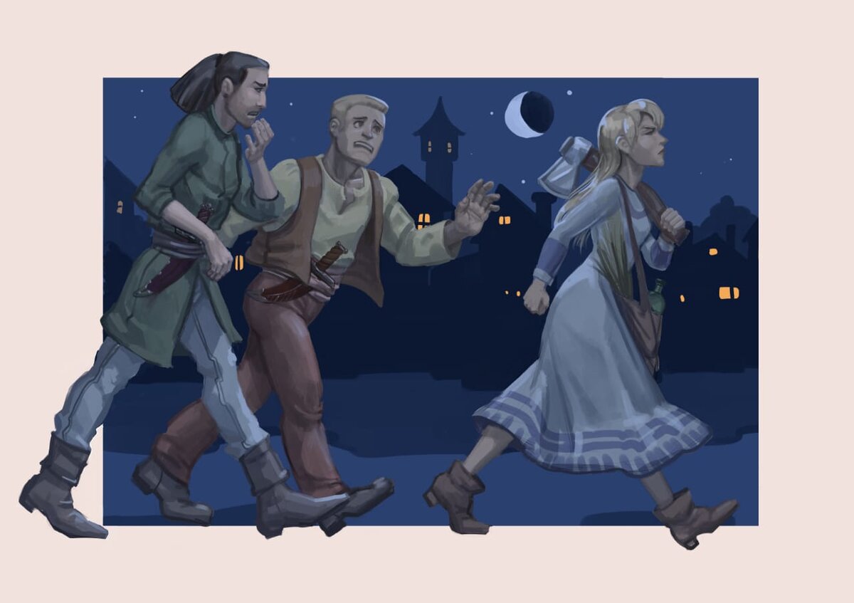 Хэледис и ее "грабители", Лаан и Тхигал. Иллюстрация нарисована специально для "Культа чуда"