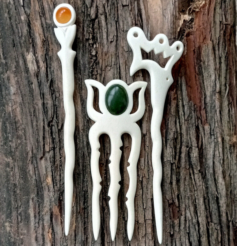 Заколки для волос из кости с нефритом и сердоликом, ручная работа.