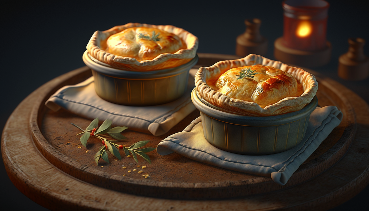 Автор: MidJourney по описанию: Miniature chicken pot pies with a puff pastry crust, unreal engine 5, --ar 16:9