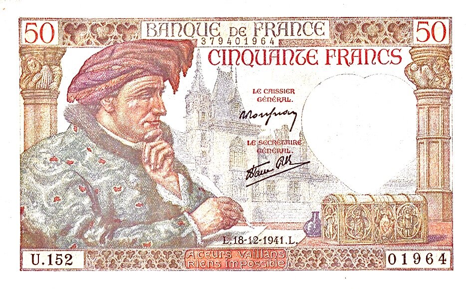 Банкнота 50 франков французского государства (l’Etat francais) 1941 года выпуска: Жак Кёр, на столе — ларец (с деньгами) и флакон (с ядом).
