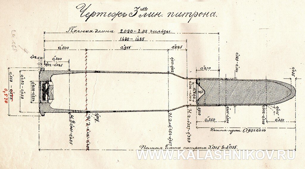 Чертёж 3-линейного патрона. 1892 год.