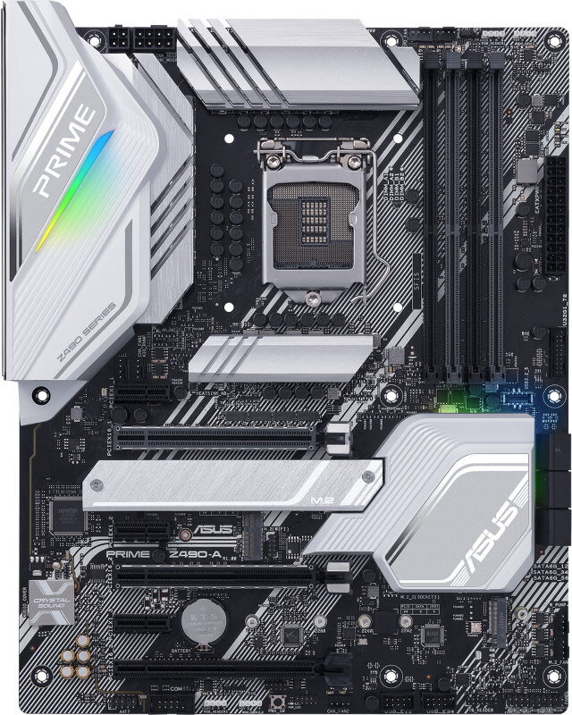 для разгона (overclocking) Socket	Intel LGA 1200
Форм-фактор	ATX
Фазы питания	14
Радиатор VRM	
LED подсветка	
Синхронизация подсветки	Asus Aura Sync
Размеры (ВхШ)	305x244 мм


Чипсет
Чипсет	Intel Z490
BIOS	Ami
UEFI BIOS	


Оперативная память
DDR4	4 слота(ов)
Форм-фактор слота для памяти	DIMM
Режим работы	2-х канальный
Максимальная тактовая частота	4600 МГц
Максимальный объем памяти	128 ГБ
Поддержка XMP	


Видеовыходы
Выход HDMI	
Версия HDMI	v.1.4b
DisplayPort	
Версия DisplayPort	v.1.4


Интегрированное аудио
Аудиочип	Realtek ALC S1220A
Звук (каналов)	7.1
Оптический S/P-DIF	
Подключение накопителей
SATA3 (6 Гбит/с)	6 шт
M.2 разъем	2 шт
Интерфейс M.2	1xSATA/PCI-E 4x, 1xPCI-E 4x
Охлаждение SSD M.2	
Интегрированный RAID контроллер	 / Raid 0, 1, 5, 10 /


Сетевые интерфейсы
LAN (RJ-45)	2.5 Гбит/с
Кол-во LAN-портов	1 шт
LAN контроллер	Intel I225-V


Слоты плат расширения
Слотов PCI-E 1x	3 шт
Слотов PCI-E 16x	3 шт
Режимы PCI-E	16x/0x/4x, 8x/8x/4x
Поддержка PCI Express	3.0
Поддержка CrossFire (AMD)	
Поддержка SLI (NVIDIA)	
Стальные PCI-E разъемы	


Разъемы на задней панели
USB 2.0	2 шт
USB 3.2 gen1	2 шт
USB 3.2 gen2	3 шт
USB C 3.2 gen2	1 шт


Коннекторы на плате
Основной разъем питания	24-контактный
Питание процессора	8+4-контактное
USB 2.0	2 шт
USB 3.2 gen1	1 шт
USB C 3.2 gen2	1 шт
Разъемов питания кулеров	4 шт 