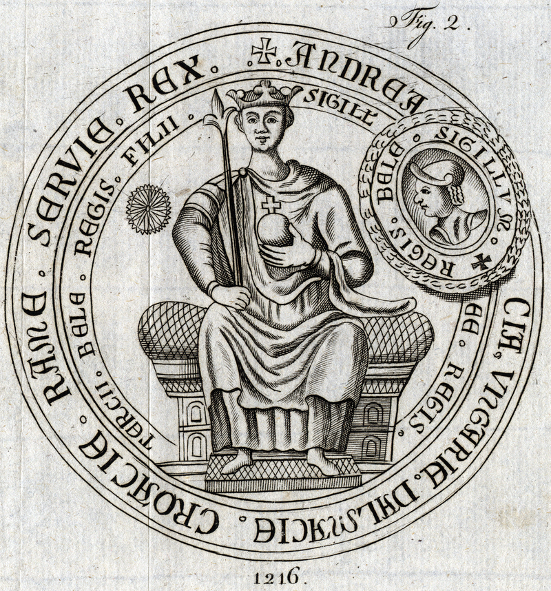 English: Seal of Andrew II of Hungary (used in 1216)  Slovenčina: Pečať Ondreja II. z roku 1216 Date 1805 Source Syntagma historicum de sigillis regum, et reginarum Hungariae Author Georgio Pray