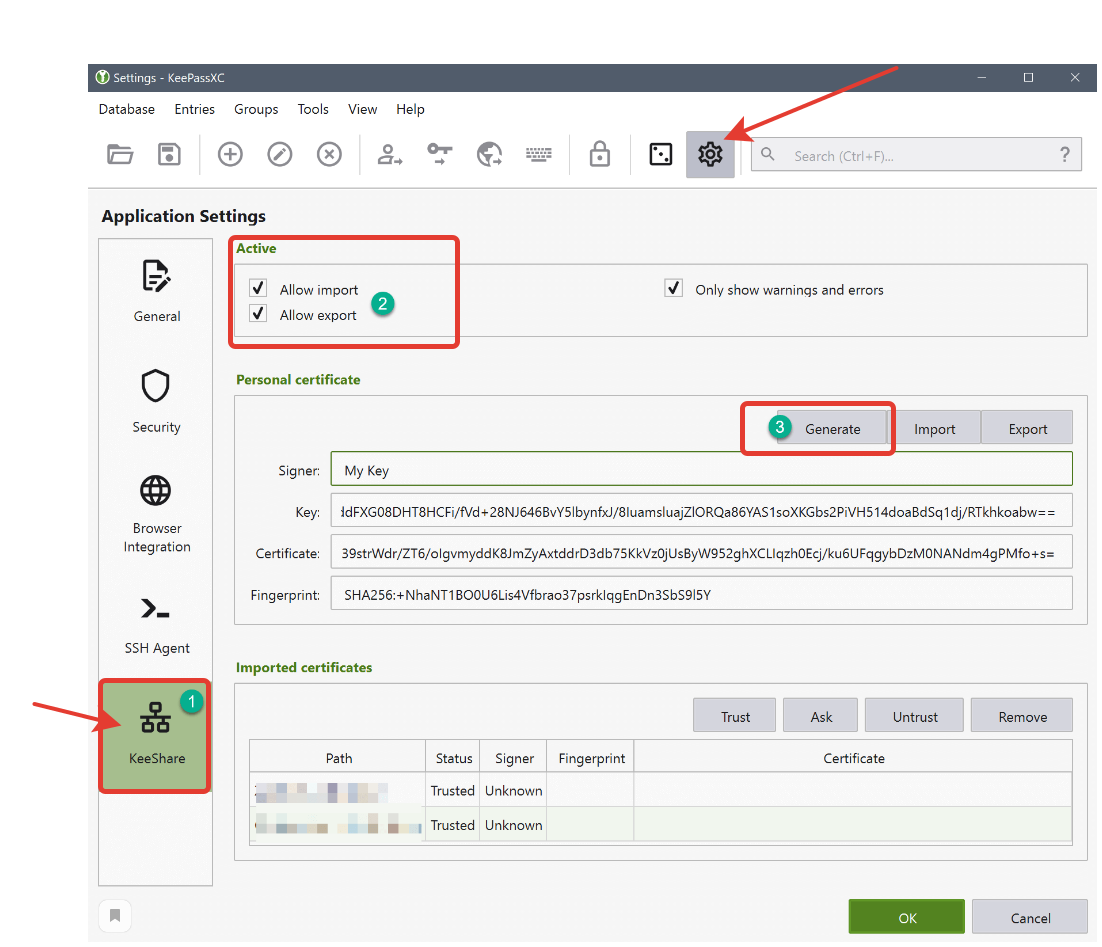 Установите флажок "Разрешить импорт", если нужно импортировать общие учетные данные. Установи "Разрешить экспорт", если необходимо поделиться. (2)