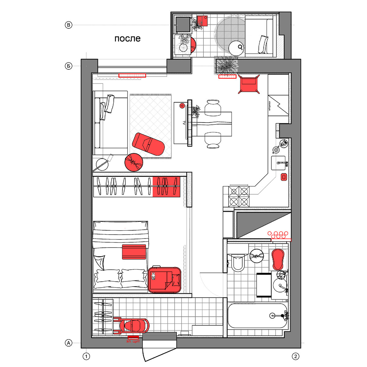 В результате перепланировки однокомнатную квартиру превратили в двушку. Пространством распорядились следующим образом: сформировали кухню, гостиную и спальню. Чтобы увеличить полезную площадь, утеплили балкон и демонтировали оконно-дверной блок.