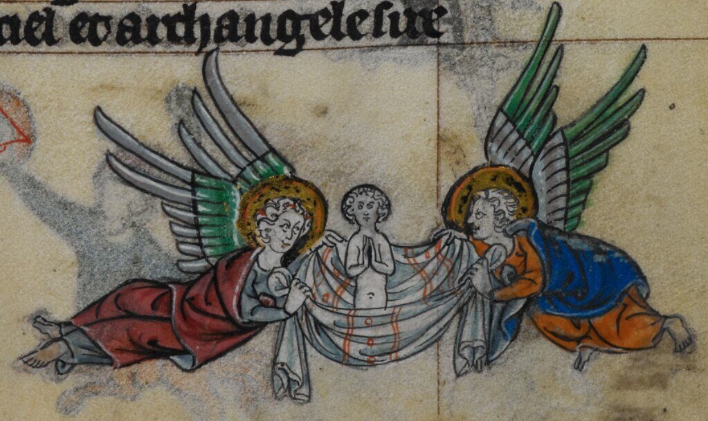 Иллюстрация из "Маастрихтского Часослова". Первая четверть XIV века. Нидерланды, Льеж. Британская библиотека. Stowe MS 17, f.262r / 'The Maastricht Hours': Book of Hours, Use of Maastricht. 1st quarter of the 14th century. The British Library. Stowe MS 17, f.262r. Netherlands (Liège).