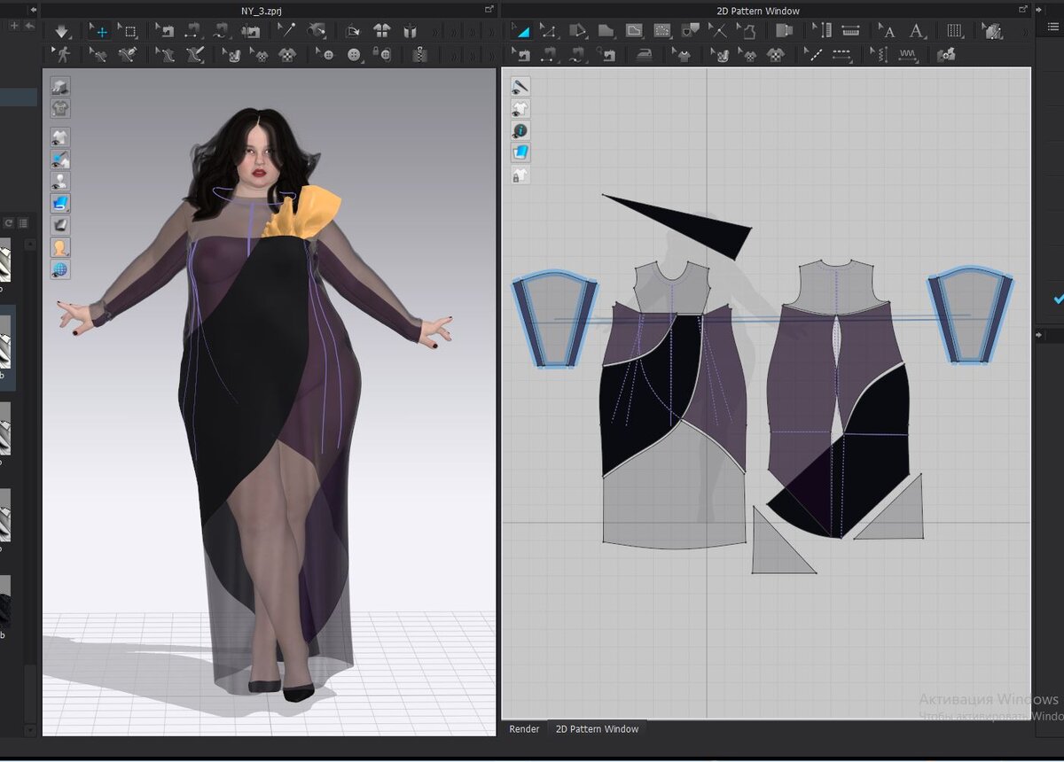 Платье в 2D и 3D окнах Clo 3d