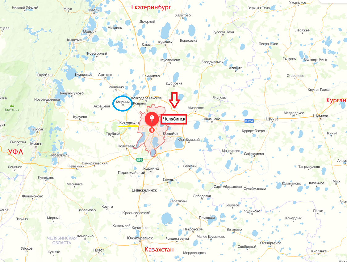 Карта Челябинска и окрестностей. Жёлтым подчёркнут посёлок Кременкуль, тот в котором я провёл всё детство, о чём писал в 1 абзаце и из за чего выбрал это направление для покупки участка. 