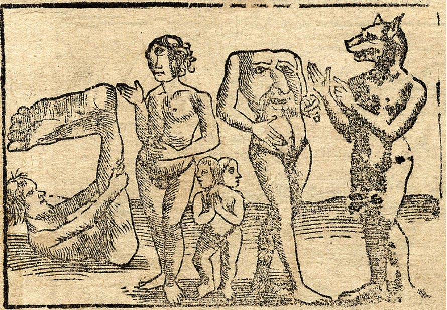 Гравюра, изображающая (слева направо) монопода или скиклопода, самку циклопа, сросшихся сиамцев, блемийца и циноцефала, 1544 год (Wikimedia Commons).