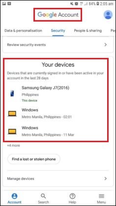 Выберите раздел «Безопасность» (Security). Здесь вы увидите, какие устройства используют ваш Гугл-аккаунт;Просмотрите перечень доступных аккаунтов
