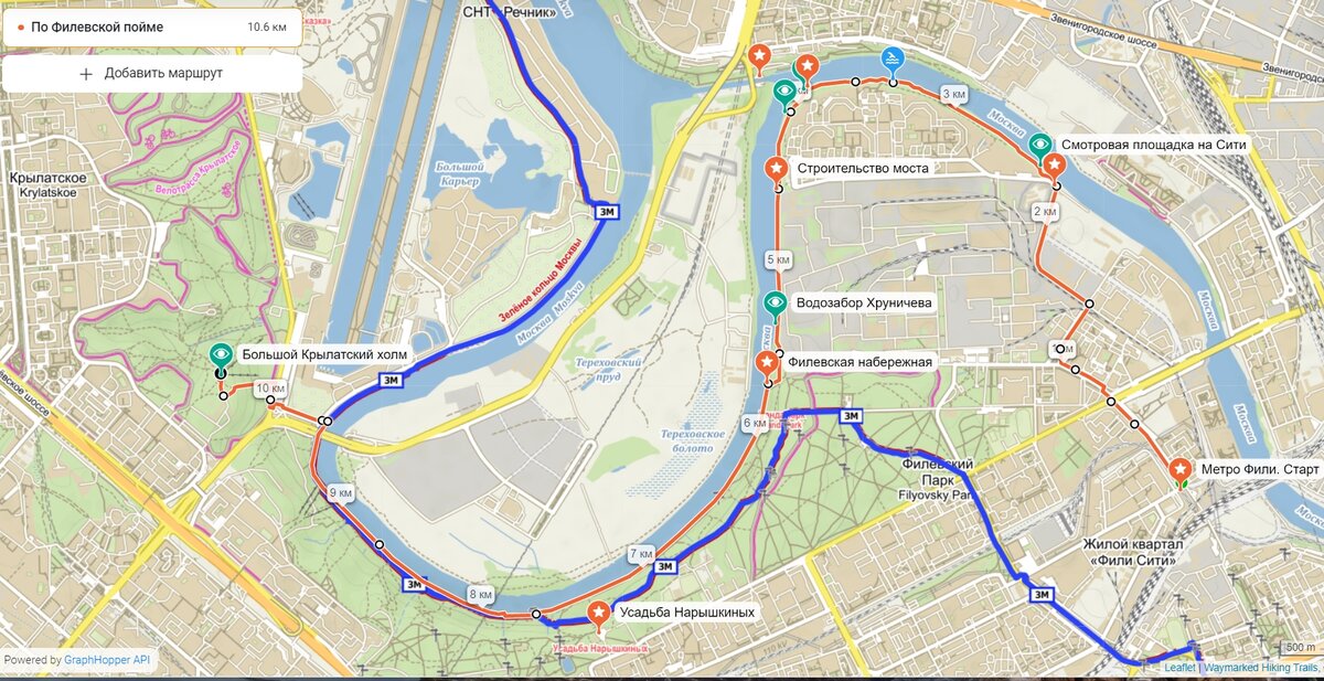 Трек красного цвета, это мой маршрут по Филевской пойме. Трек синего цвета, это Зеленое Кольцо Москвы