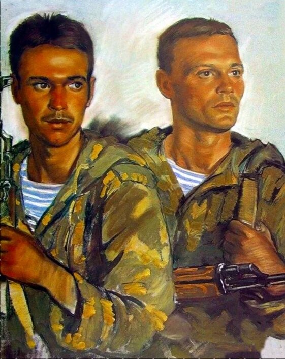 Воины-интернационалисты Зебдулла Абдуллаев и Юрий Шейбак. Бумага, пастель. 65х50. 1986. Студия Грекова.