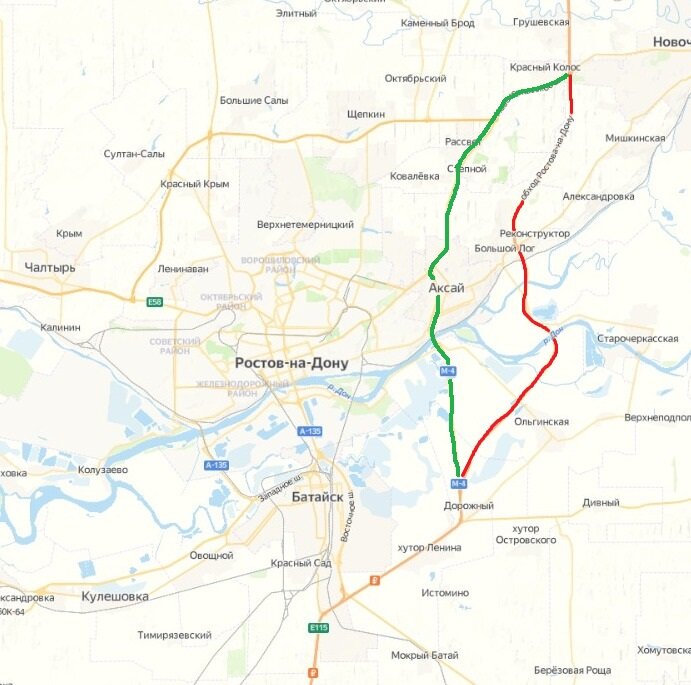 Красным отмечен маршрут платного объезда, зеленый старая трасса М-4 через Аксай