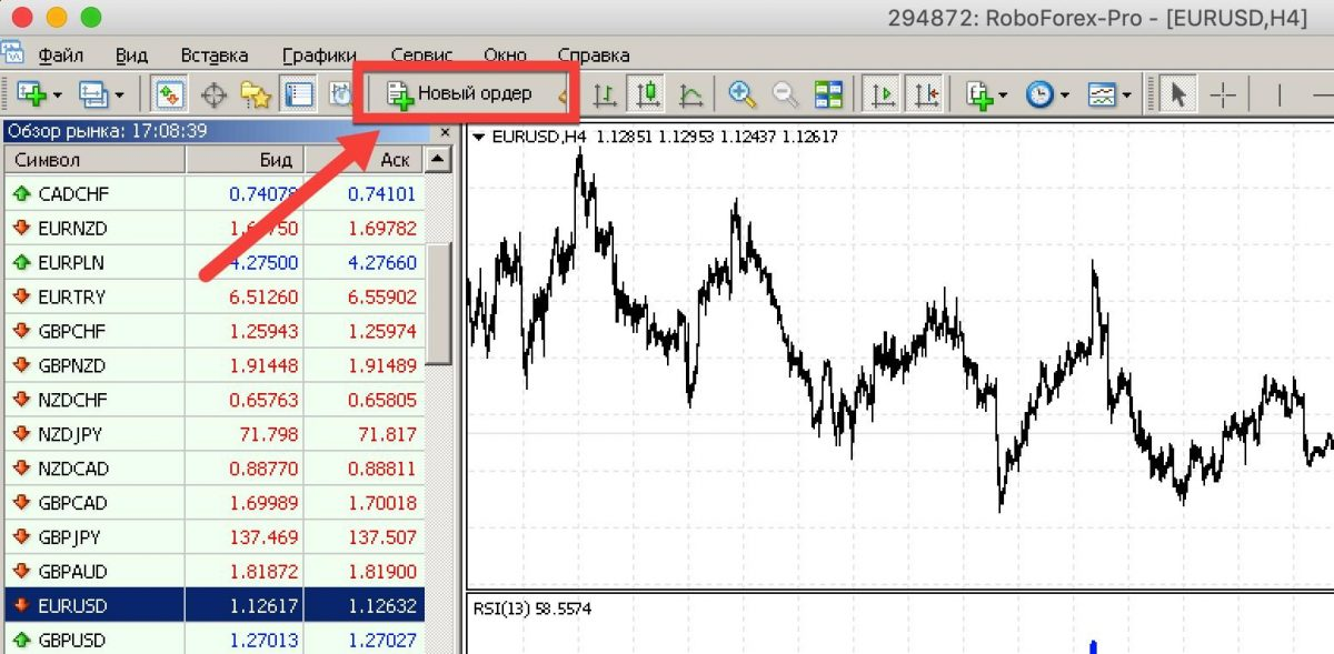 Кнопка открытия ордера в MetaTrader 4.