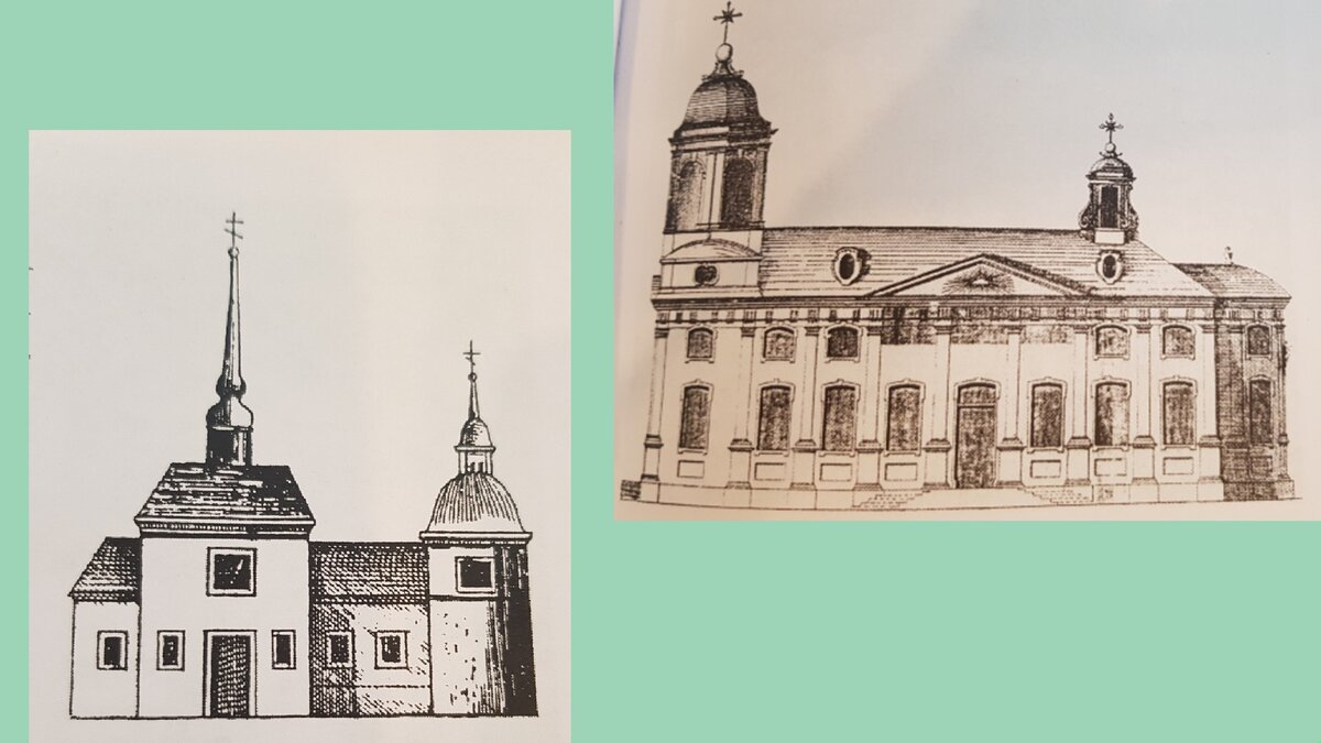 Деревянная церковь, 1720 г.  Каменная церковь по проекту И.Я.Шумахера, 1743